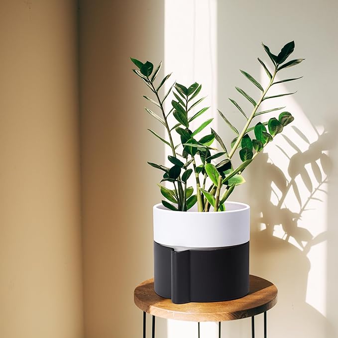8 Inch Self-Watering Planter Pot with Terracotta Insert, Deep Water Reservoir, and Ceramic-Alike BPA-Free Plastic Planter Pot for Plant, Modern Planter for Houseplants, Black/White, 53-C-T-7-CasaMuseHome