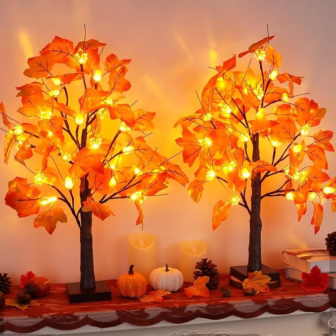 2 Pack 24 Inch Prelit Fall Maple Tree Fall Decor with 48 LED Timer Battery Operated Artificial Fall Light Up Tree Pumpkin Maple Acorn for Fall Thanksgiving Decorations Table Home Indoor Autumn Harvest-CasaMuseHome