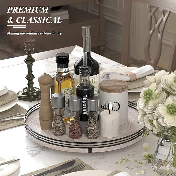 16" Lazy Susan Oak Wood Turntable Organizer for Cabinet, Farmhouse Round Wooden Lazy Susan Organization and Storage for Dining Table, Pantry, Kitchen, Bathroom, Countertop, Cupboard, Kitchen Decor-CasaMuseHome