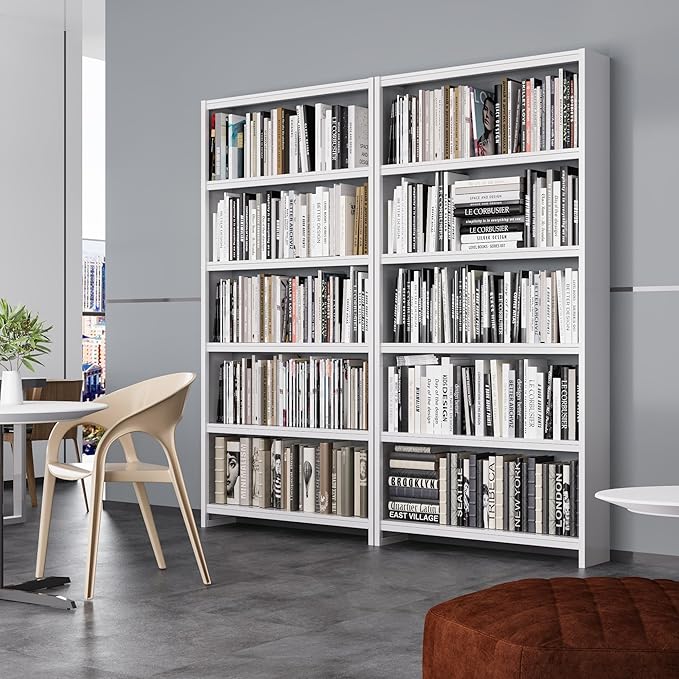 69" Tall Bookcase, 5-Tier Wide Bookshelf, Library Book Case with Display Shelf, Lightweight Metal Bookshelves, Industrial Book Shelf for Home, Office, Library, and School (White)-CasaMuseHome