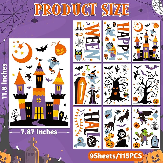 115PCS Halloween Window Clings, 9 Sheets Halloween Decorations, Cute Witch Tree Zombie Ghost Patterns PVC Window Stickers for Treat or Trick Party Favors Decal Supplies Decor Accessories-CasaMuseHome