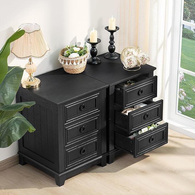18" Farmhouse Night Stand with 3 Drawers, Wood End Table Dresser for Bedroom, Black Nightstand, Bed Side Table with Metal Handle, Bedside Cabinet for Bedroom Living Room, Closet-CasaMuseHome