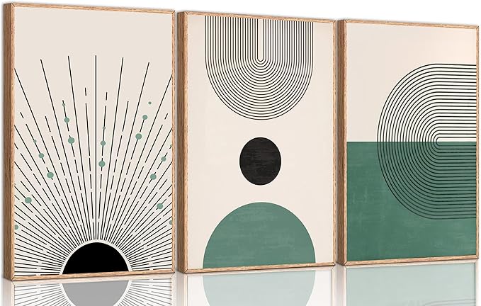 3 Pcs Sage Green Boho Canvas Wall Art Modern Abstract Minimalist Neutral Bohemian Sun Geometric Line Painting Picture Wall Decor Poster Print Artwork for Living Room Bedroom Home Decoration Unframed-CasaMuseHome