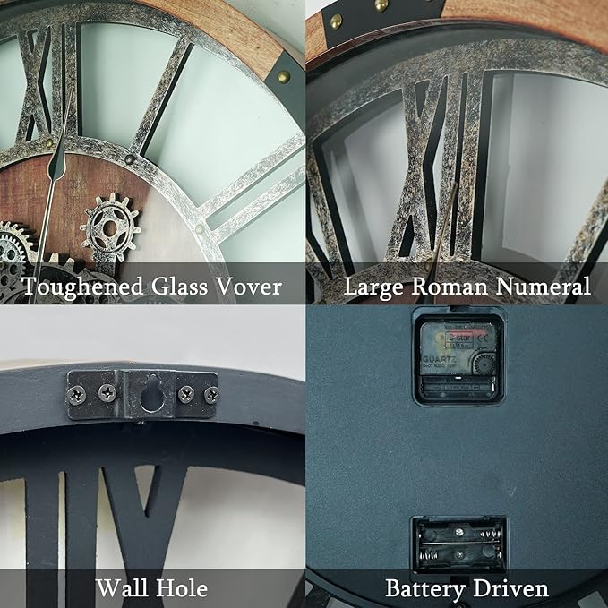 27 Inch Moving Gear Wall Clock, Oversized Wall Clocks, Clock Living Room Decor, Solid Wood Frame, Battery Operated, Large Wall Clock with Steampunk Industrial for Fireplace(Brown)-CasaMuseHome