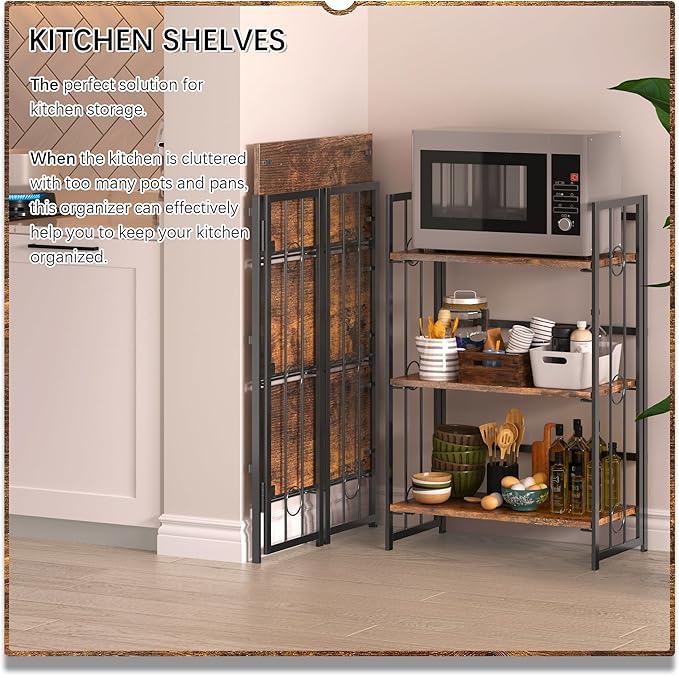 4NM No Assembly 3 Tiers Folding Bookshelf, 35" H Foldable Storage Shelves Vintage Bookcase Standing Racks Study Organizer Home Office - Rustic Brown Black-CasaMuseHome