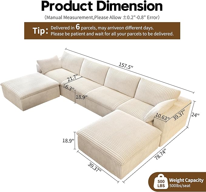 157.5" U Shaped Modern Sofa Modular Sectional Cloud Couch with 2 Ottoman,Deep Seat Upholstered Couches with Corduroy Fabric for Living Room Furniture,Bedroom and Apartment,No Assembly Required,White-CasaMuseHome