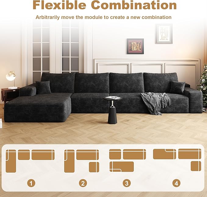 136" Sectional Couches for Living Room Modern Modular Sofa with L-Shape Couchs Upholstered Boneless Couch Deep Seat Sectional Couch with Chaise (Black, Left Facing Chaise+3Seaters)-CasaMuseHome