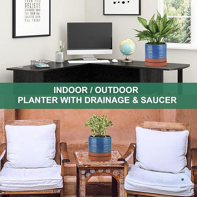 6 Inch Plant Pots, Ceramic Planter Pot with Drainage Hole & Saucer, Indoor/Outdoor Cylinder Round Planter Pot, Aqua Blue & Terracotta Red-CasaMuseHome