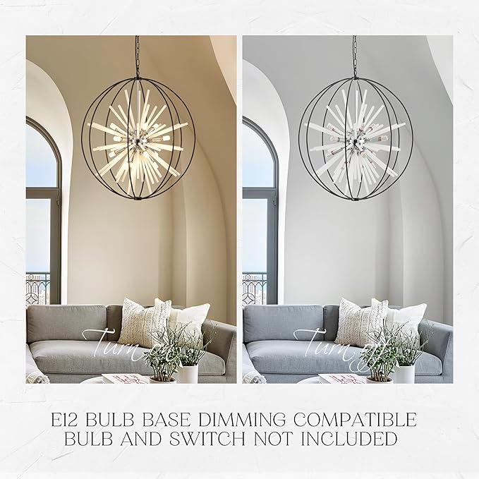 31.5" Black Chrome 16-Light Globe Sputnik Chandelier Modern Adjustable Hanging Ceiling Glass Tube Pendant Light Fixture for Entryway Foyer Stairway Dining Living Room Hallway-CasaMuseHome