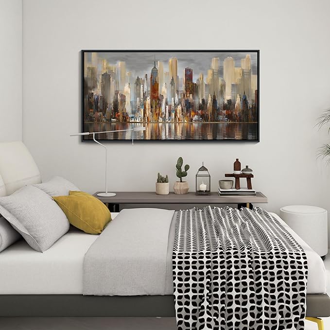 Abstract Brown New York City canvas Wall Art Framed Large Wall Art for Living Room Modern Paintings for Bedroom Cityscape New York Wall Decor Artwork Wall Pictures for Office and Bedroom 24×48in-CasaMuseHome