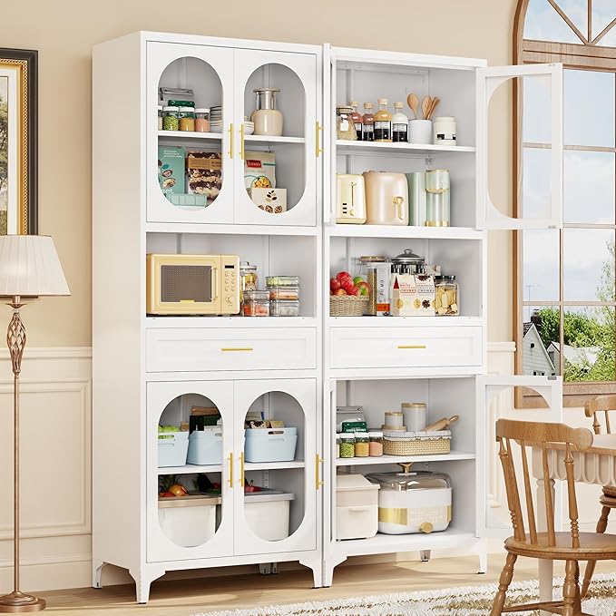 75” Tall Kitchen Pantry Storage Cabinet, Metal Storage Cabinet with 1 Drawer and Adjustable Shelves, Kitchen Pantry Cupboard, Freestanding Cupboard for Bathroom, Living Room (White-Glass Door)-CasaMuseHome