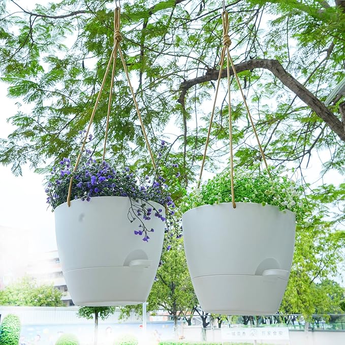 8 inch Hanging Planters, 2 Pack Self Watering Hanging Pots with 20oZ Deep Reservoir for Indoor Outdoor Plants Flowers, White-CasaMuseHome