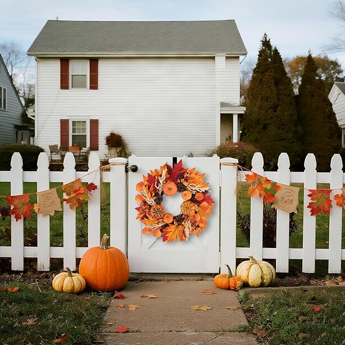 20 Inch Thanksgiving Fall Wreath, Berries Pumpkins Maple Leaves Pine Cones Autumn Wreaths with Hook for Front Door, Fall Decor, Porch Wall Home Outdoor Holiday Decorations Wreath for Autumn-CasaMuseHome