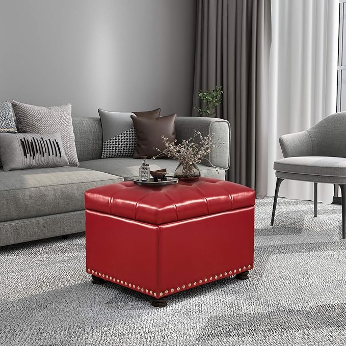 24'' Leather Storage Ottoman Rectangular Foot Rest Stool with Nailhead Trim for Bedroom Living Room(Red)-CasaMuseHome