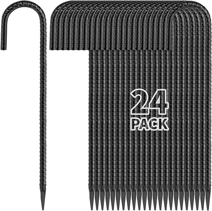 16 Inches 24-Pack J Hook Rebar Stakes Heavy Duty Tent Stakes with Chisel Point End, Steel Ground Anchors Metal Garden Stakes Chain Link Fence Stakes Black Coated-CasaMuseHome