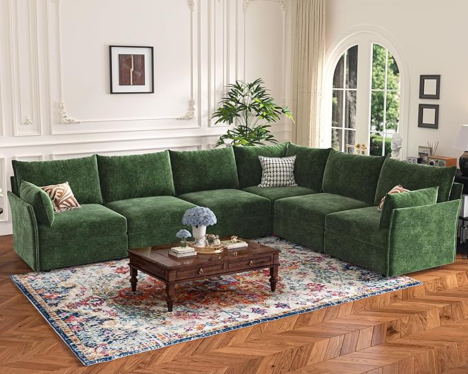 135.5" Oversized Modular Sectional Sofa, L Shaped Convertible Couch with Movable Ottoman, 5 Seat Corner Couches for Living Room Deep Seat Green Chenille-CasaMuseHome
