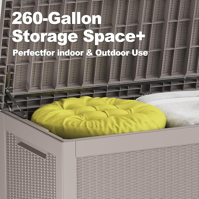 260 Gallon Deck Box XXL Large Outdoor Storage for Patio Furniture,Outdoor Cushions,Garden Tools and Pool Supplies,Waterproof,Resin,Lockable(Grey Rattan)-CasaMuseHome