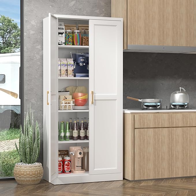71" Storage Cabinet, Metal Pantry Cabinet, Kitchen Pantry Storage Cabinets with Doors and 4 Shelves, Cabinets for Laundry Room, Living Room, Dinning Room, Assembly Required, White-CasaMuseHome