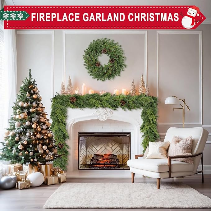6 Ft Real Touch Christmas Garland Indoor with Pine Cone,Thick and Lush，Soft Bendable Mantle Garland Christmas, Lifelike Cedar Garland, Christmas Garland for Mantle,Indoor Christmas Decorations-CasaMuseHome
