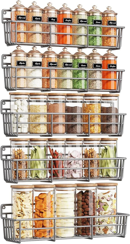 5 Pack Spice Rack Seasoning Organizer Wall Mount, Screw or Adhesive Hanging Shelf Basket Spice Organizer Shelf for Kitchen, Gray-CasaMuseHome