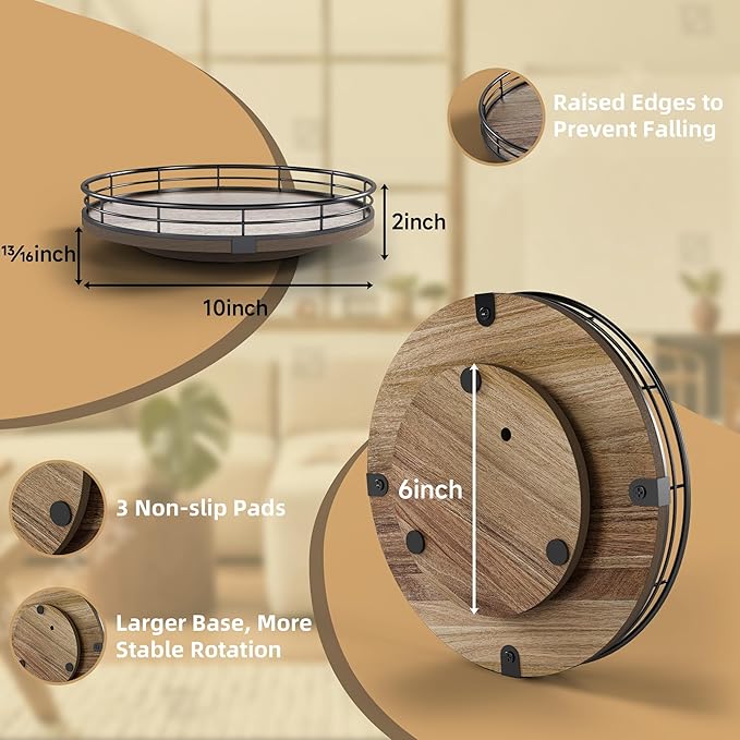 Acacia Wood 10" Lazy Susan Turntable Organizer for Table Top, Farmhouse Round Wooden Lazy Susan for Cabinet Kitchen Centerpieces Coffee Table, for Condiments Spices, Bathroom Vanity Tray Decor-CasaMuseHome