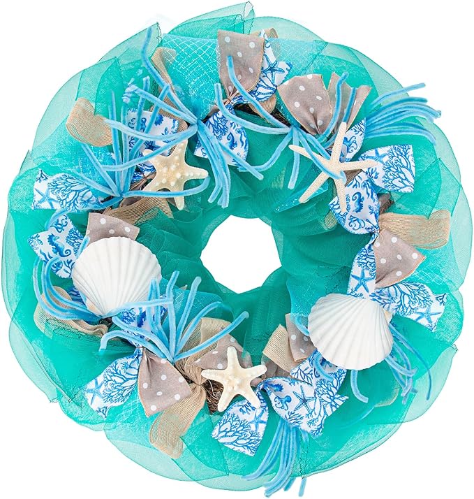 26 Inch Coastal Seashell Large Wreath with Natural Starfish & Scallops Shell, Lake Blue Beach Style Front Door Wreath with for Spring Summer, Farmhouse Rustic Indoor Outdoor Home Wall Wedding Decor-CasaMuseHome
