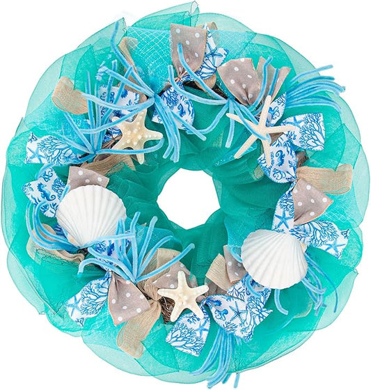 26 Inch Coastal Seashell Large Wreath with Natural Starfish & Scallops Shell, Lake Blue Beach Style Front Door Wreath with for Spring Summer, Farmhouse Rustic Indoor Outdoor Home Wall Wedding Decor-CasaMuseHome