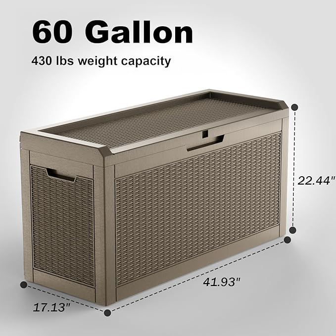 60 Gallon Resin Deck Box, Lockable Outdoor Storage Box for Patio Cushions Storage Furniture,Garden Tools, Pool Supplies, Weatherproof and UV Resistant (Grey Rattan)-CasaMuseHome