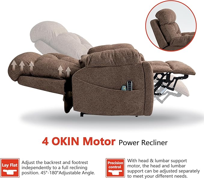 4 OKIN Motor Power Lay Flat Lift Recliner Chair for Elderly Adults Big and Tall Recliners with Heat Massage, Adjustable Head-Back-Lumbar-Leg-Support, Extended Footrest, 2 Cup Holders-CasaMuseHome