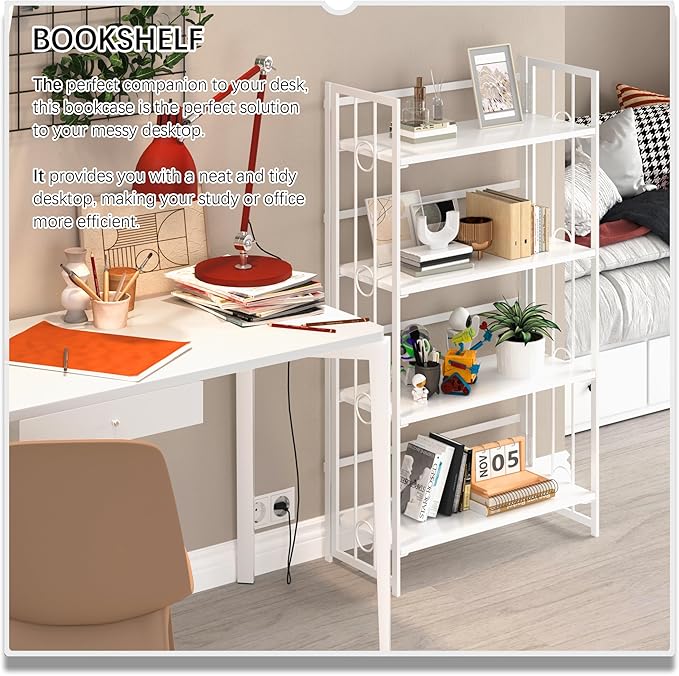 4NM No Assembly 4 Tiers Folding Bookshelf, 47.2" H Foldable Storage Shelves Vintage Bookcase Standing Racks Study Organizer Home Office - All White-CasaMuseHome