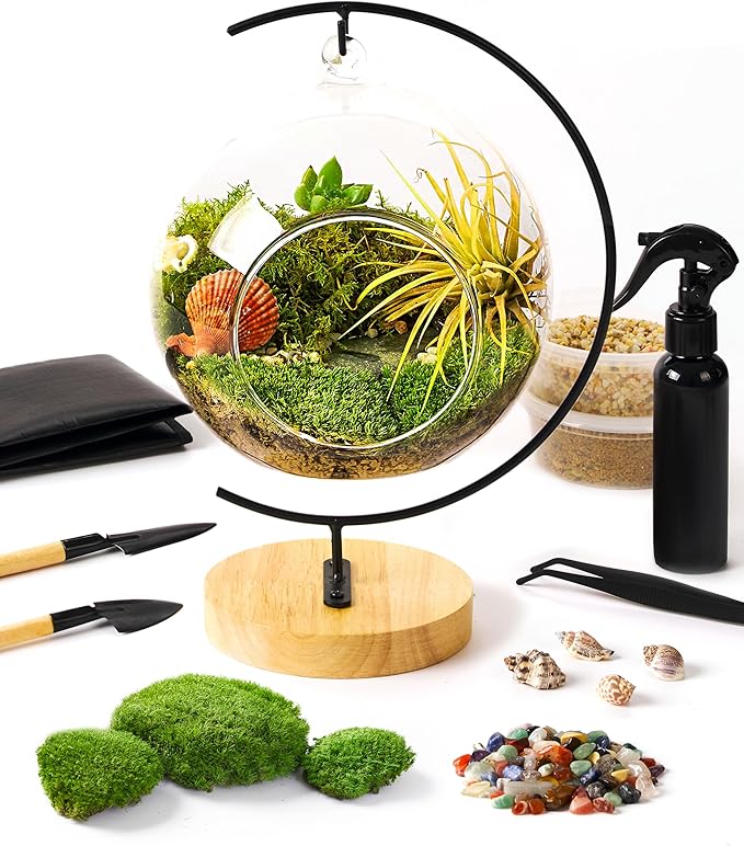 15-Piece Terrarium Kit with Live Moss – DIY Glass Globe Set with Tools, Soil, Stones & Spray Bottle – Indoor Mini Garden Gift for Plant Lovers, Home Decor & Zen Craft-CasaMuseHome