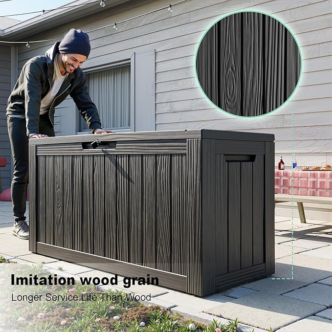 87 Gallon Deck Box Large Outdoor Storage for Patio Furniture,Outdoor Cushions,Garden Tools and Pool Supplies,Waterproof,Resin,Lockable(Black)-CasaMuseHome