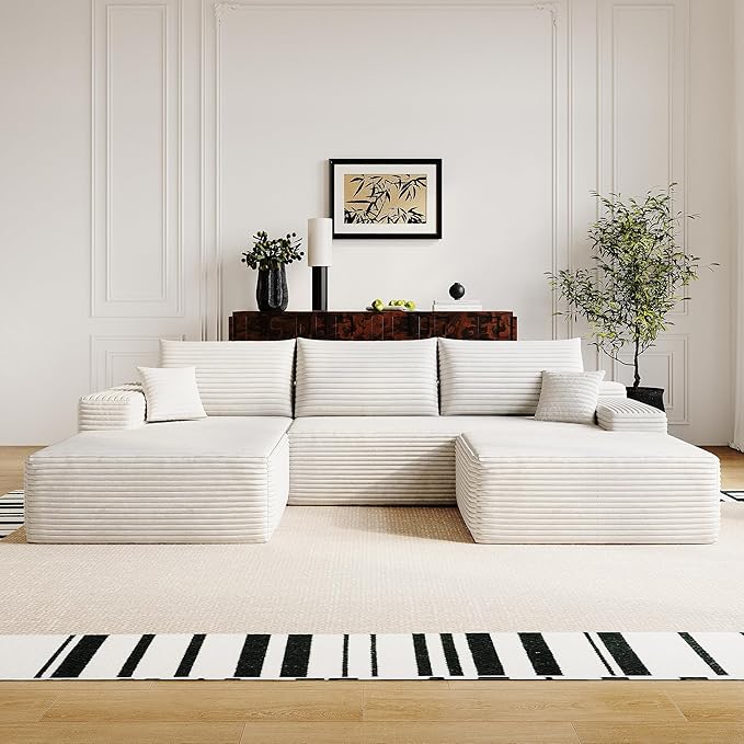108" Sectional Couches for Living Room Modern Modular Sofa with L-Shape Couchs Upholstered Boneless Couch Deep Seat Sectional Couch with Chaise (White, Left Facing Chaise+2Seaters+1Ottoman)-CasaMuseHome