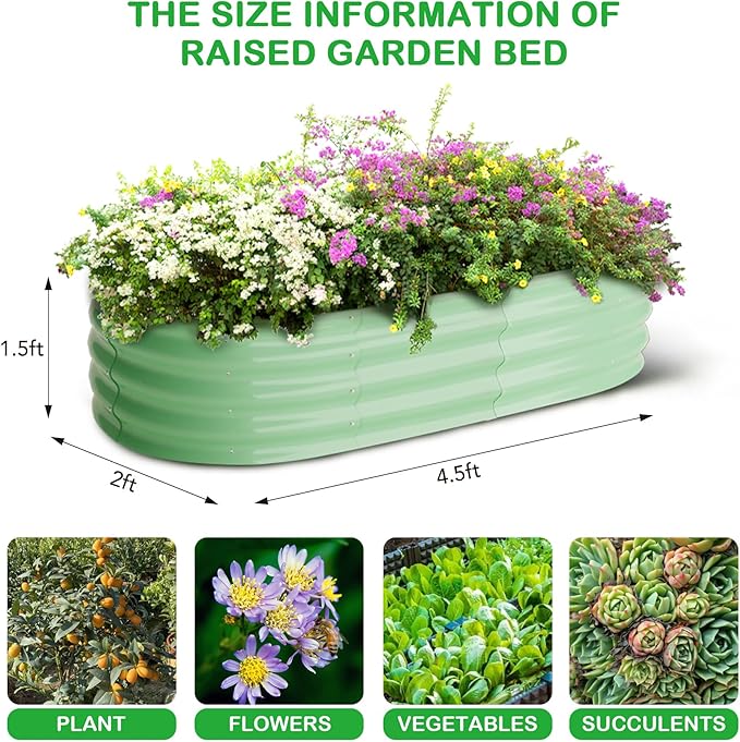 2 Pcs 4.5x2x1.5ft Oval Raised Garden Bed,Galvanized Raised Beds,Open-Ended Base Metal Raised Planter Beds,Garden Bed Outdoor,Planter Raised Boxes for Vegetables,Flowers,Tool-Free Asse,Green-CasaMuseHome