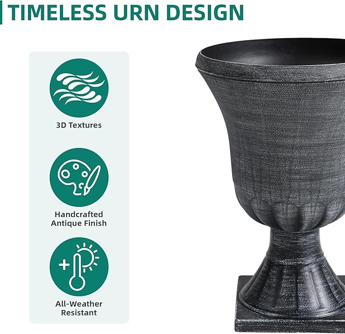22" Timeless Urn Planters for Outdoor Plants, Set of 2 Plastic Large Flower Pot with Handmade Washed Black Finish, Weather-Resistant for Porch, Garden, Patio or Indoor Use-CasaMuseHome