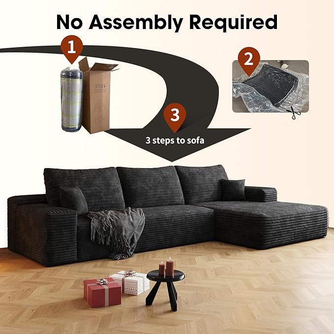 108" Sectional Couches for Living Room Modern Modular Sofa with L-Shape Couchs Upholstered Boneless Couch Deep Seat Sectional Couch with Chaise (Black, Right Facing Chaise+2Seaters)-CasaMuseHome