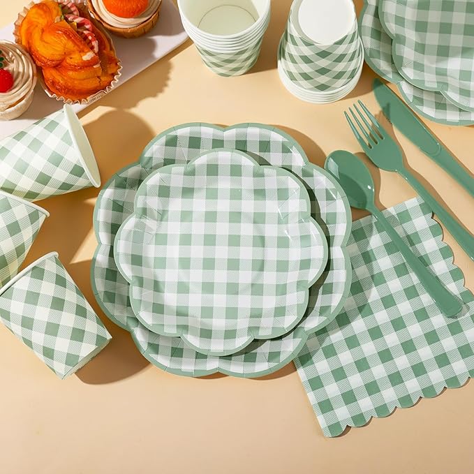 350 Pcs Sage Green Gingham Paper Plates and Napkins Party Supplies - Sage Green and White Checkered Plates Scalloped Plaid Plate for Birthday Dinner Picnic BBQ Party Decorations, Serve 50 Guests-CasaMuseHome