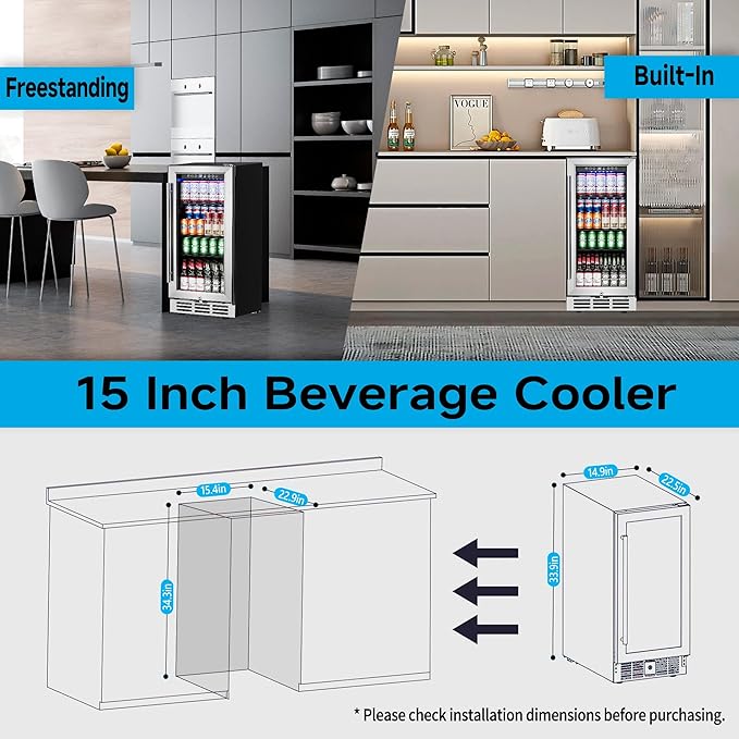 15 Inch Beverage Refrigerator Under Counter - 126 Cans Beverage Fridge with Glass Door for Beer Wine Soda - Built-in or Freestanding Wine Cooler with Safety Lock for Home Kitchen Bar-CasaMuseHome