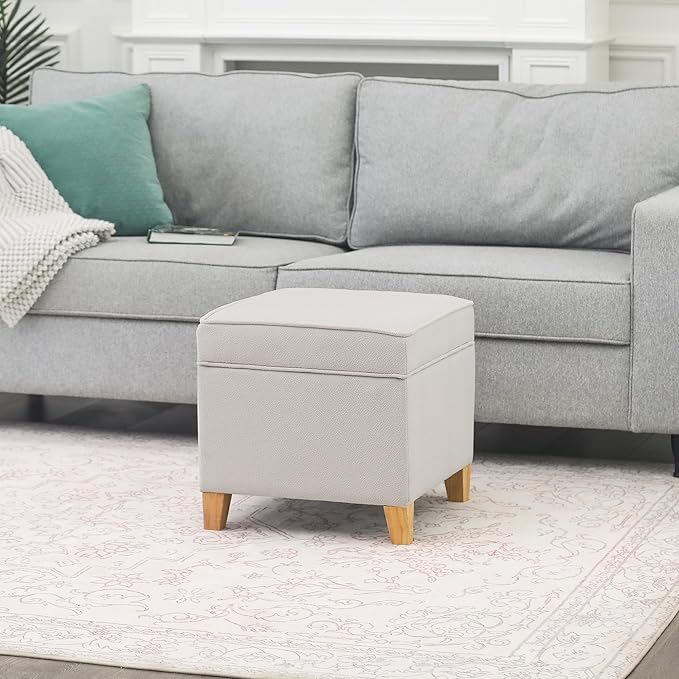 Adeco 17.5" Square Fabric Ottoman with Storage - Upholstered Cotton Linen Foot Rest - Flip Top Footstool with Sturdy Wood Legs, Small Cube Coffee Table Extra Seat for Living Room, Bedroom, White-CasaMuseHome