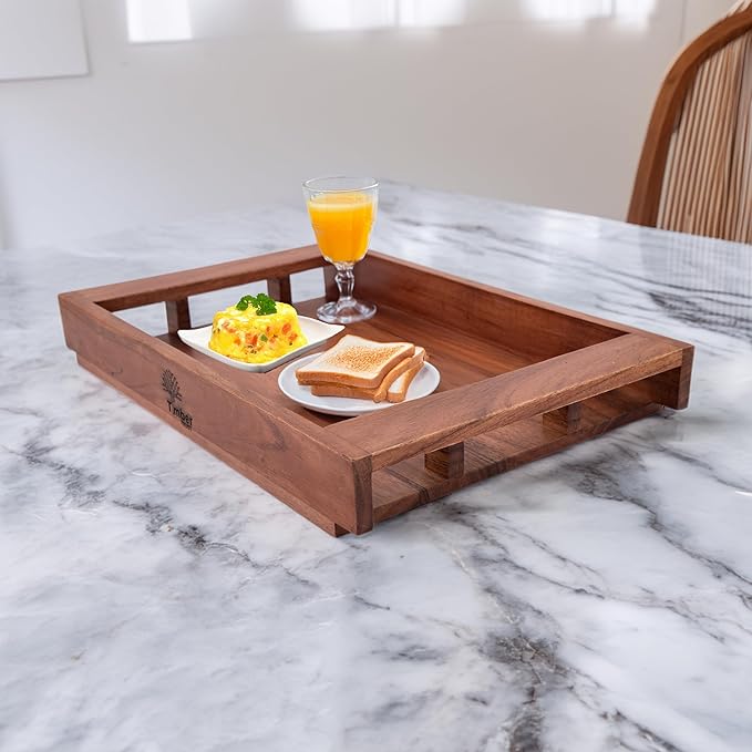 Acacia Wood Serving Tray with Handles – 15x10x2 Inch Decorative Tray for Breakfast in Bed, Dinner, Appetizers, Coffee Table, BBQ, Patio & Party – Perfect for Lap & Couch Use-CasaMuseHome