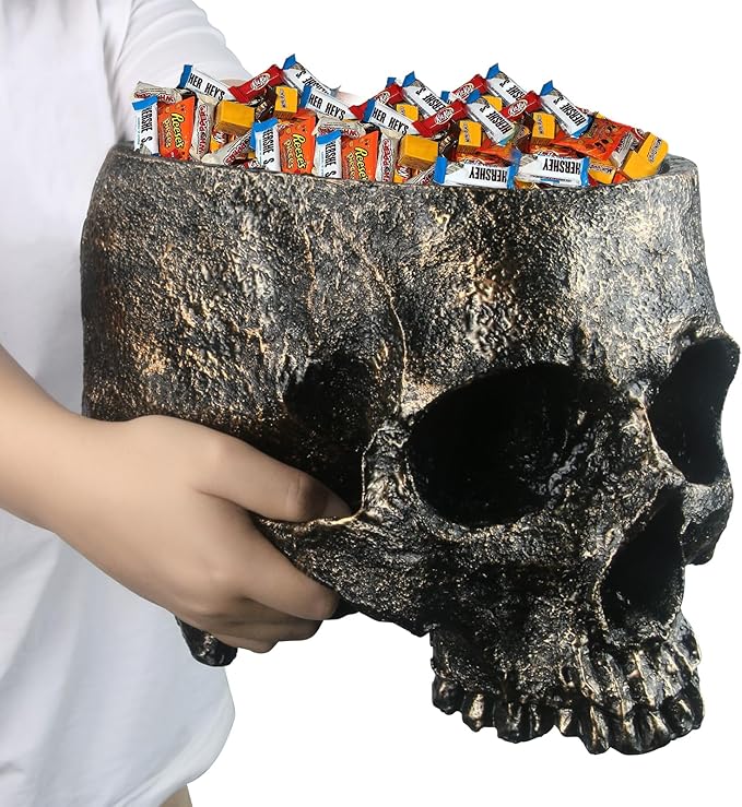 7lb Capacity Extra Large Halloween Skull Candy Dish - Deep Skull Head Halloween Candy Bowl Holder Artificial Resin Skulls Decor Indoor Outdoor Table Centerpieces Flower Pot Plant Office Pen Holder-CasaMuseHome