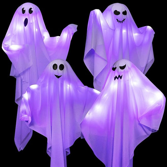 4 Pack Halloween Hanging Ghosts with LED Lights, 27.5 Inch Light Up Ghost Decorations for Indoor Outdoor, Lawn Yard Tree Hanging Halloween Ornaments, Spooky Lighted Party Supplies-CasaMuseHome