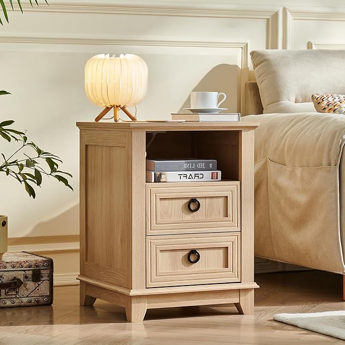 18" Farmhouse Night Stand with Charging Station, 2 Drawers Bedside End Table, Natural Wooden Nightstand, Bed Side Table Cabinet with Open Shelf for Bedroom Living Room Office-CasaMuseHome