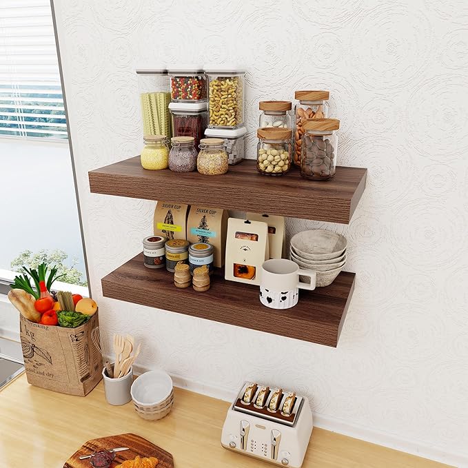 12 Inch Deep Floating Shelves, 24 x 12 Floating Shelf for Books, Rustic Wood Deep Wall Shelves for Home Storage & Display, 2" Thicked Shelves for Kitchen, Living Room, Bedroom, Walnut Color, 1 Pack-CasaMuseHome