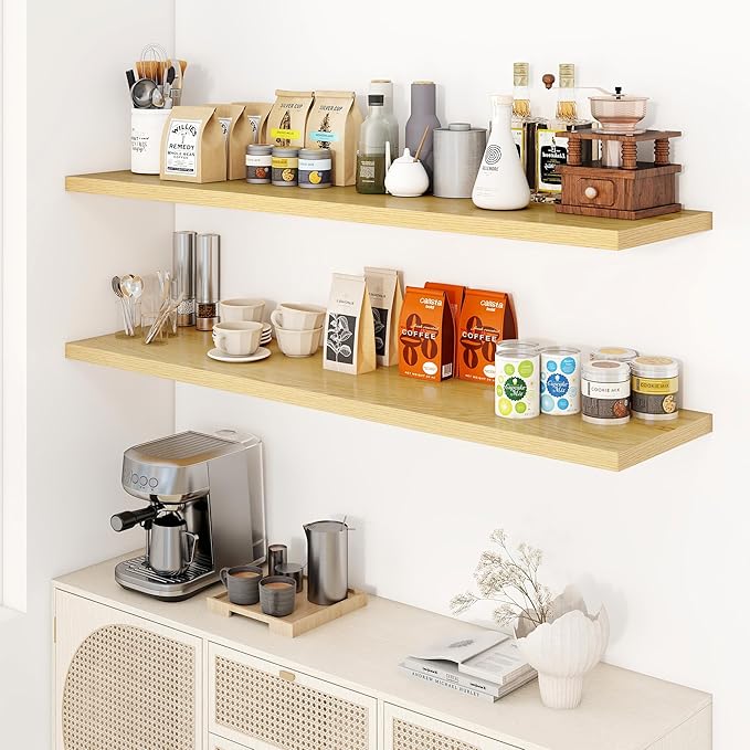 55" Floating Shelves for Wall, 12" Deep Slim Oak Floating Shelves, Wall-Mounted Shelves for Bedroom, Living Room, Kitchen, Bathroom - Set of 2-CasaMuseHome