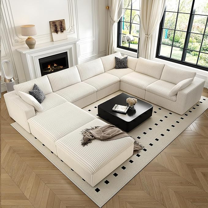 157.5" Cloud Couch Oversized Modular Sectional Sofa for Living Room,Modern Sofa with Deep Seat，8 Seater Boneless Couch with 2 Ottoman,Comfy Upholstered Couches for Apartment, Studio, Office,White-CasaMuseHome