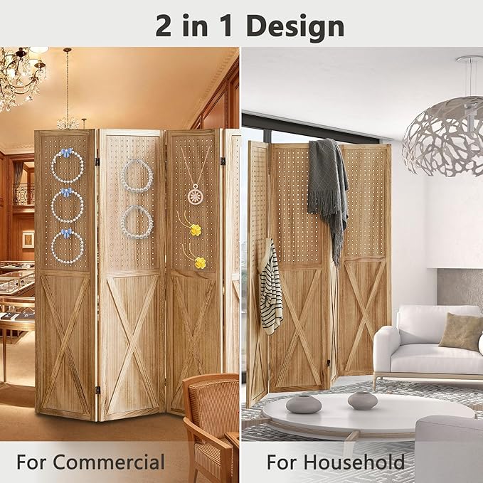 4 Panel Pegboard Wood Room Divider, 5.6Ft Pegboard Display Folding Privacy Screens, Peg Board Display Freestanding for Trade Show Craft Show Home Wall Organizer, Light Brown-CasaMuseHome