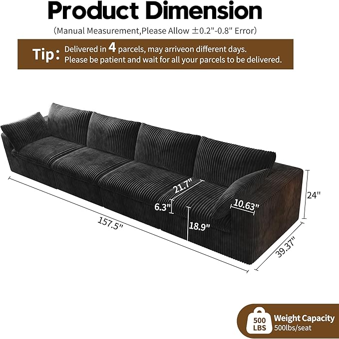 157.5" 4-Seater Cloud Sofa,Modular Sectional Couch,Modern Deep Seat Upholstered Couches with Plush Corduroy Fabric for Living Room Furniture,Bedroom and Apartment,No Assembly Required,Black-CasaMuseHome