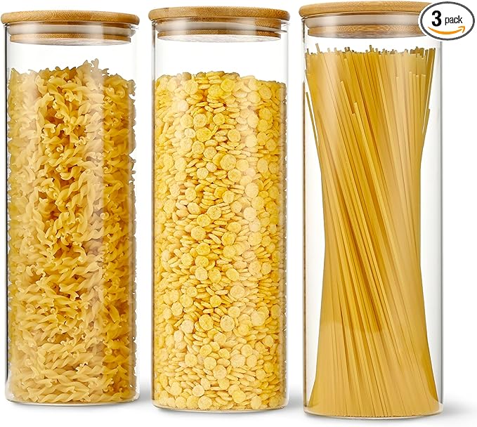 70oz Straight cylindrical Airtight Storage Jars with Bamboo Lid Set of 3 Storage Container Glass Jars, Kitchen Canister for Noodles, Pasta and Coffee beans (‎with Black Lable)-CasaMuseHome