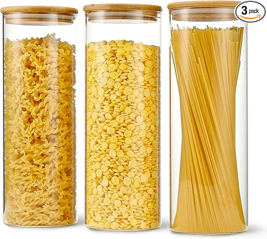 70oz Straight cylindrical Airtight Storage Jars with Bamboo Lid Set of 3 Storage Container Glass Jars, Kitchen Canister for Noodles, Pasta and Coffee beans (‎with Black Lable)-CasaMuseHome